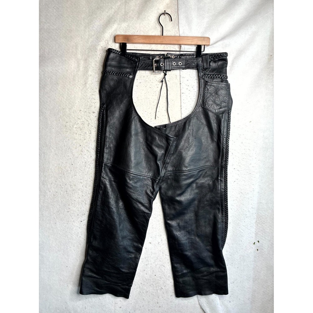 FMC Motorcycle Chaps Mens Large Black Leather Braided Detail Zip Adjustable Belt